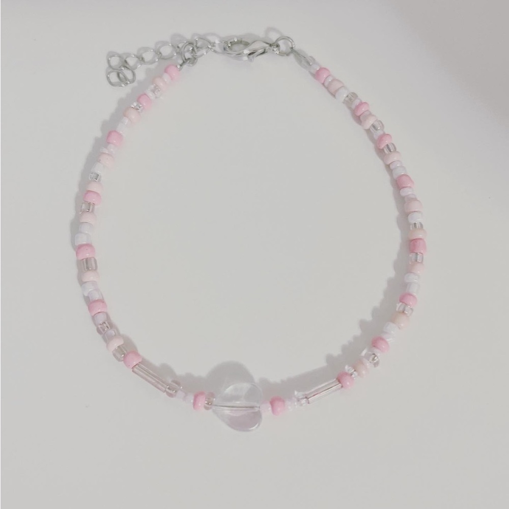Pink & White Glass Bead Heart Adjustable Bracelet